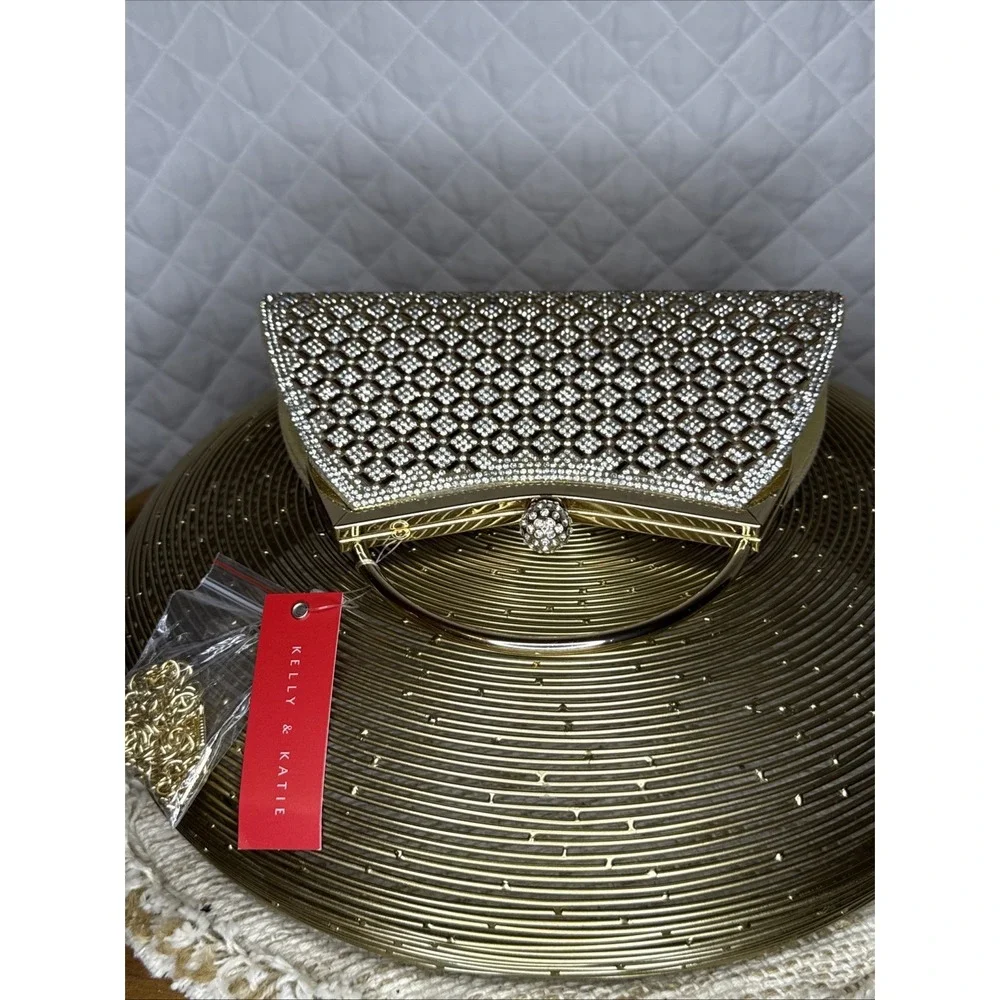 New with Tags Women’s Evening Bag Gala Gold Rhinestone Clutch Detachable‎ Strap